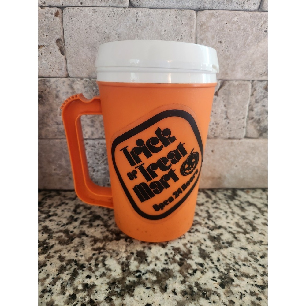 80s 90s Style Halloween Trick Or Treat Mart Mug Orange With White Lid